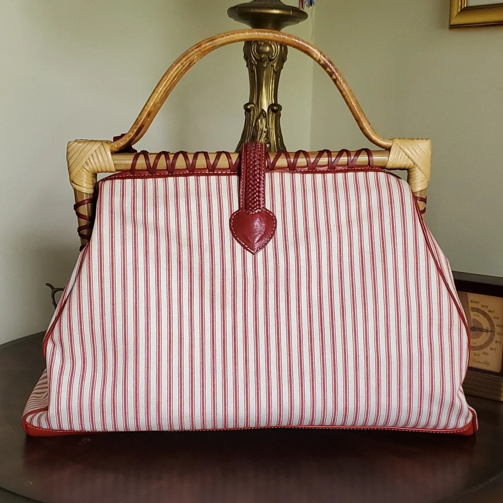 Brighton Bamboo Handle Doctor Bag Candy Stripe Red Rose Vintage Retro Style - Picture 6 of 13